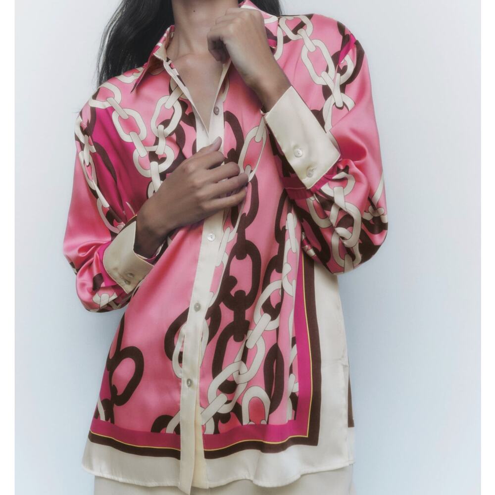 ZARA Woman Chain Print Long-Sleeve Button-down Satin Blouse Pink Small Retro